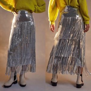 ANTHROPOLOGIE Tatiana Sequined Silver Fringe Midi Skirt - NYE, Flapper, Wedding